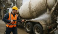 водитель смывает остатки бетона с автобетономиксера