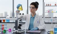 женщина учёный в лаборатории исследует СОЖ